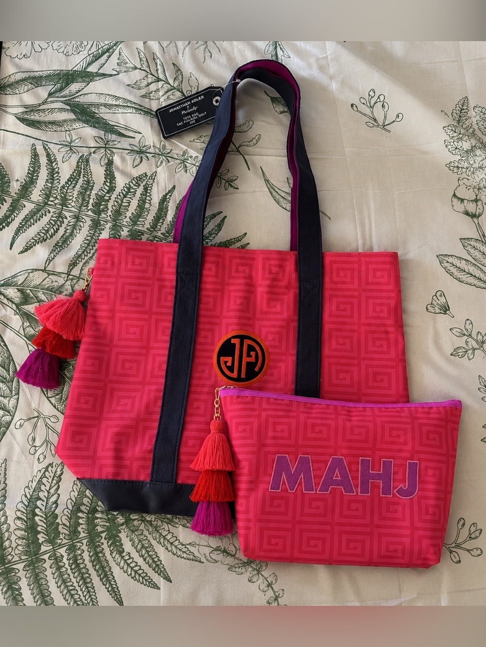 Jonathan Adler Pink Greek Key Tote Bag & Matching Pouch Tassel Set NWT